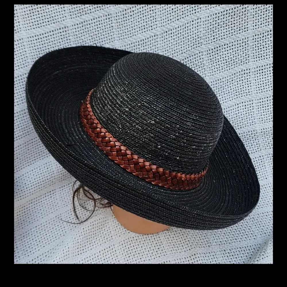 Black Rattan braided‎ leather  band hat